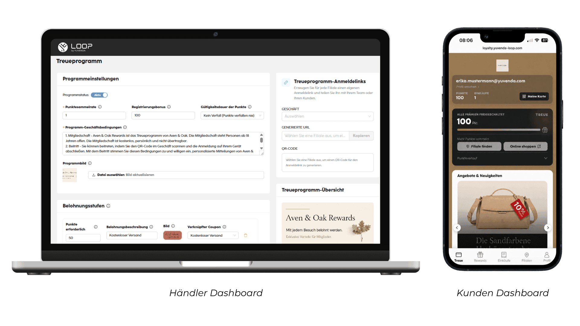 Laptop displays merchant dashboard; smartphone shows customer loyalty app with points and rewards.