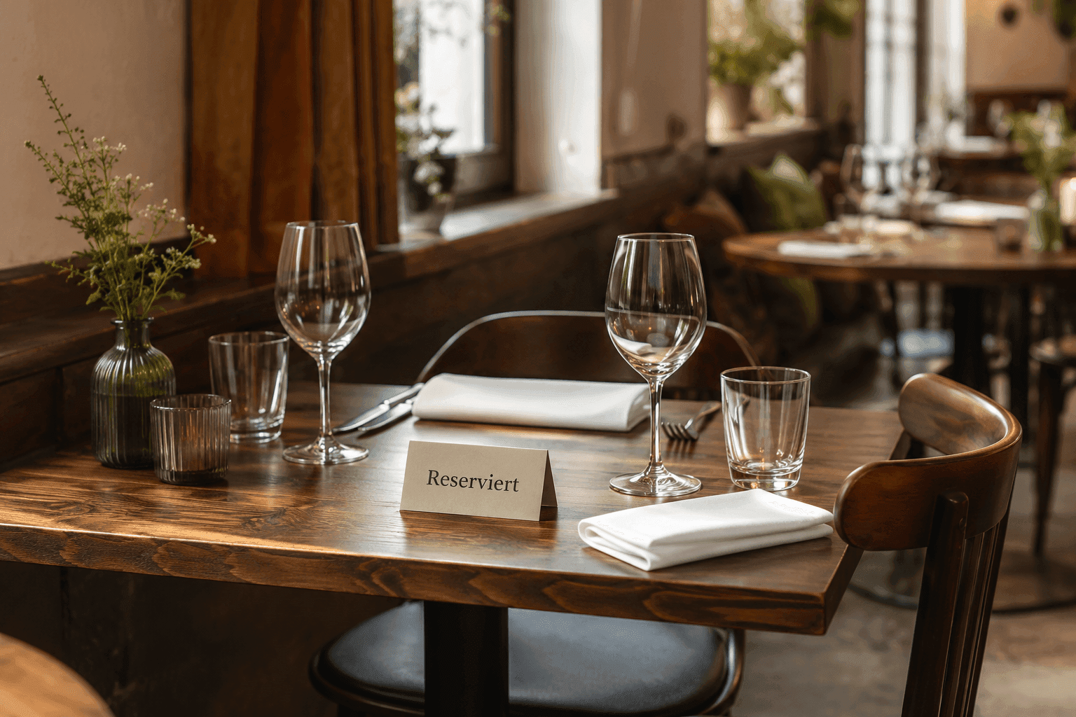 A wooden restaurant table set for two with wine glasses and a 'Reserviert' sign.