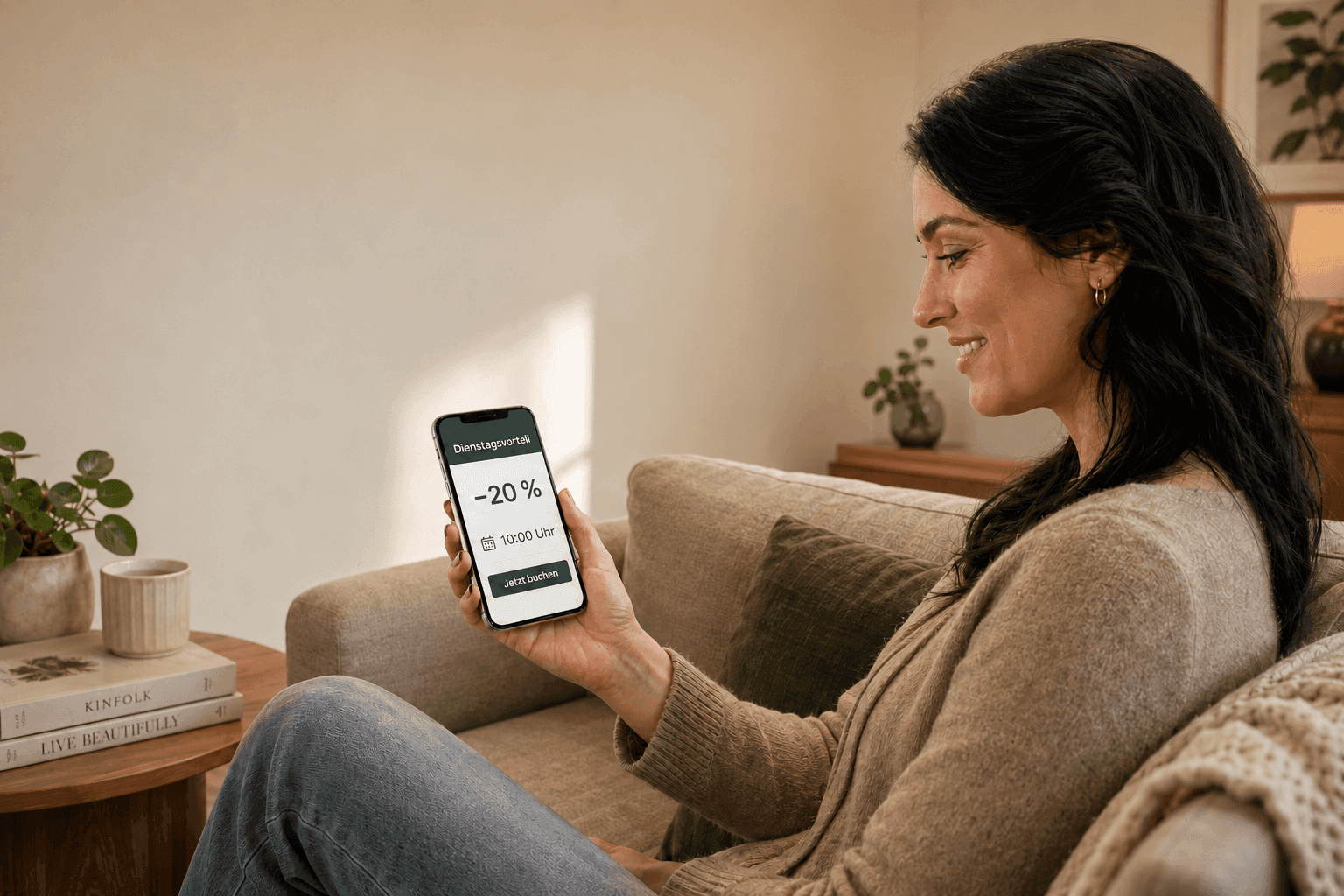 Woman on sofa smiling while viewing a 20% discount offer on her smartphone.