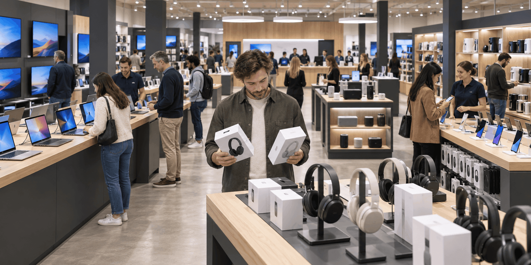Man compares two small white boxes in a modern, busy electronics store.
